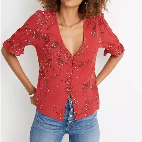 Madewell Red Floral V-Neck Top - Picture 2 of 9